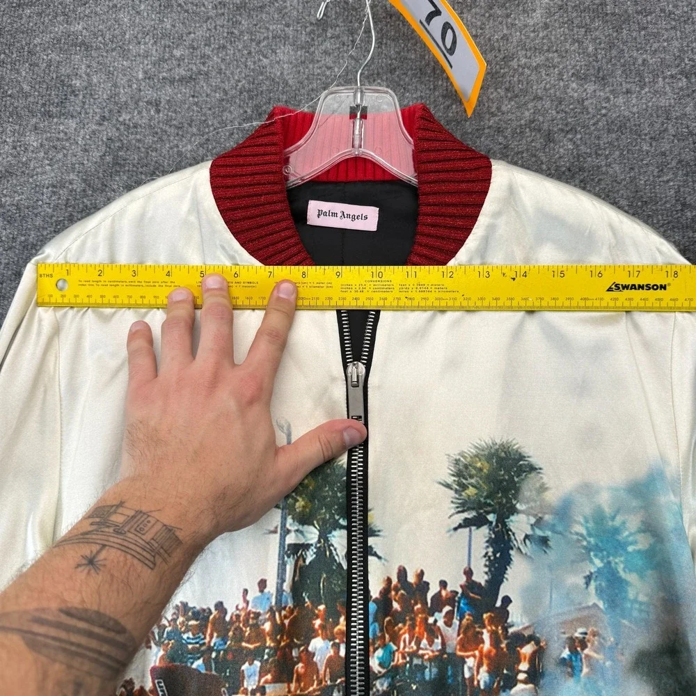 Palm Angels Riot Souvenir Bomber Jacket Mens 50 US Large Cream Graphic Car Crash